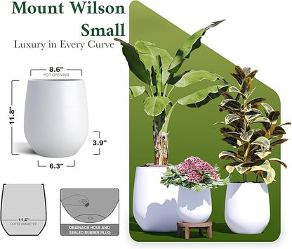 DTY Signature Mount Wilson Modern Indoor Outdoor Fiberstone Tapered Planter, Lightweight, Weather Resistant Garden Pot with Drainage Hole & Rubber Plug, Planter for Christmas Decor - White, Small
