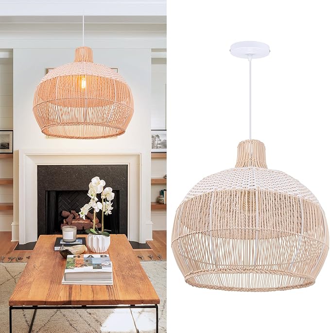 Arturesthome White Handwoven Rattan Boho Pendant Lighting Fixtures, Wicker Hanging Ceiling Light Chandelier, Handmade Woven Basket Lampshade for Kitchen Island