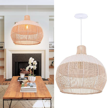 Arturesthome White Handwoven Rattan Boho Pendant Lighting Fixtures, Wicker Hanging Ceiling Light Chandelier, Handmade Woven Basket Lampshade for Kitchen Island