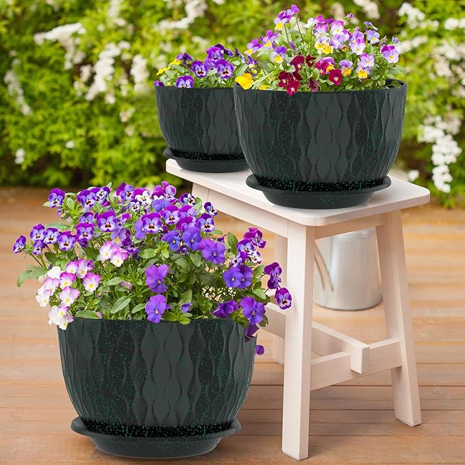 12/10/9 Inch Planter Pots, 3-Pack Large Flower Pots for Indoor Outdoor Garden Plants, Big Plant Pots with Multi Mesh Drainage Holes and Saucer (Black with Green Speckles, 12"+10"+9")