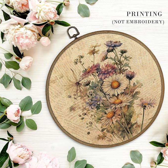 MAQIKA Vintage Floral Framed Wall Art Decor, Botanical Wall Art, Daisy Wall Decor, Bouquet Round Wall Hanging Decor, Retro Wildflower Canvas Prints Wall Art for Bedroom Kitchen Living Room,10x10 Inch