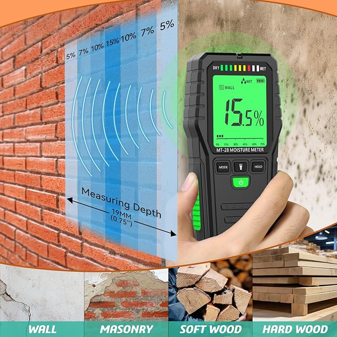 RDINSCOS Pinless Moisture Meter for Drywall, Wood & Masonry – Non-Invasive Digital Moisture Detector with 19mm Depth, Flashlight, LCD Display – Ideal for Leak Detection & Water Damage