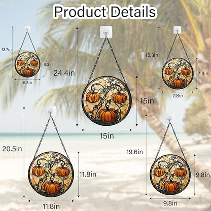 Stained Glass Window Hanging - Halloween Decoration Orange Pumpkin Vine Leaves Suncatcher for Door Garden Spooky Sun Catchers Gothic Decor Horror Gifts for Women Men Friend Boy Girl 7.8 in