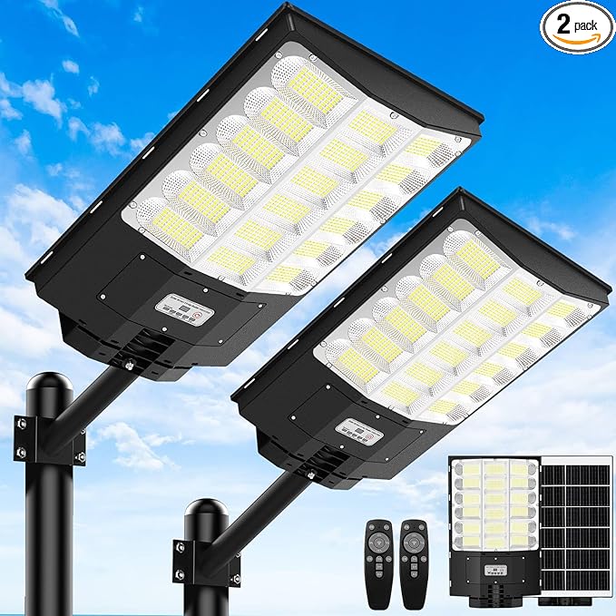 Solar Street Lights Outdoor 5000W, 500000LM Waterproof Motion Sensor Solar Powered Flood Lights with Remote Control, 8500K Dusk to Dawn Commercial Area Lighting for Outside Parking Lot, 2-Pack