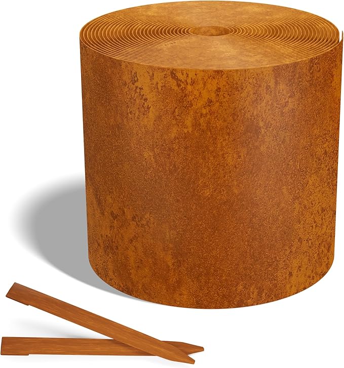 Worth Galvanized Steel Landscape Edging 6" x50' Metal Garden Edging Roll Flexible Bender Border with 16Pcs Stakes for Lawn, Flower Bed Edges, Rust-Colored Painted