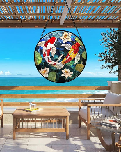 Stained Glass Window Hanging, Koi and Lotus Sun Catcher for Door Home Decor Fish Suncatcher Christmas Mother's Day Birthday Gifts for Women Men Mom and Nana 15 in