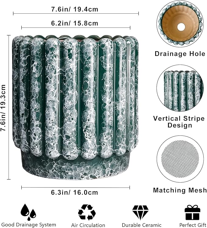 Ceramic Flower Pots 7.6 Inch - Ceramic Planters for Indoor Outdoor Plants, Decorative Plant Pot with Drainage Hole, Round Fluted Planter, Home Room Decor, Housewarming Gifts, Green