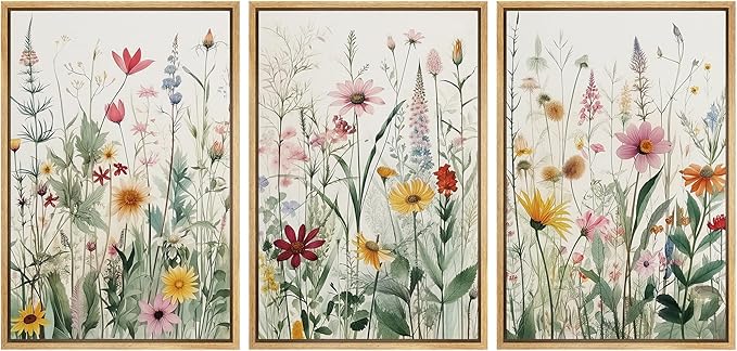 Ashbrook Framed Canvas Print Wall Art Set Garden Forest Wildflowers Nature Wilderness Illustrations Modern Art Decorative Floral Botanical Minimal Calm/Relax/Cozy for Bedroom - 16"x24"x3 NATURAL