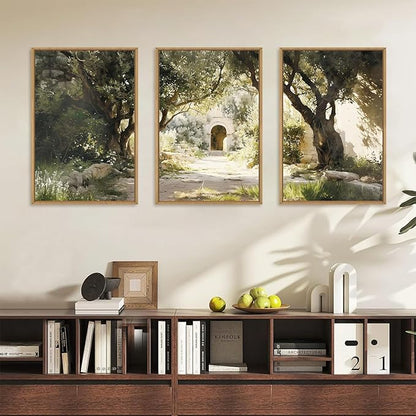 Ausril Garden of Gethsemane Landscape Framed Canvas Wall Art, Jerusalem Town Villages Scenery Prints, Jesus Boho Religious Decor, Christian Bible Art Painting for Bedroom Living Room Office 16"x24"x3
