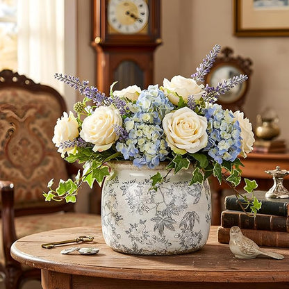7.7" Large Vintage Ceramic Plant Pot with Baroque Floral Pattern Beige Gray Rustic Planter with Ice Crackle Glaze & Drainage Hole for Indoor Outdoor Plants Home Office Kitchen Decor Gift