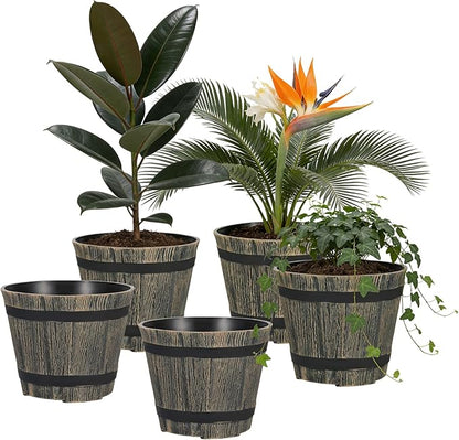 5 Pack 7 Inch Plastic Plant Pots, Whiskey Barrel Planters, Flower Pots for Indoor Outdoor Home Herb Snake Plants, Durable Pots, Set of 5