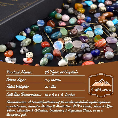 Polished Healing Crystal Stones Set, 36 Different Natural Gemstone Types, 2.5 lbs of 0.5" Tumbled Decorative Rocks Collection for Chakra, Meditation, Reiki, Energy Work, Crafts