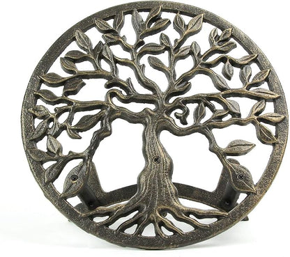 Cast Iron Tree of Life Decorative Wall-Mounted Garden Hose Hanger - Stylish Outdoor Hose Holder Décor with a 12-Inch Diameter - Weather-Resistant Aged Bronze Finish