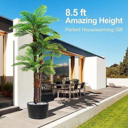 8.5ft Tall Artificial Palm Tree for Outdoors - Triple Phoenix Palm, UV Resistant, Large Fake Silk Palm Tree - Perfect for Patio, Poolside, Home Indoor Aesthetic Decor