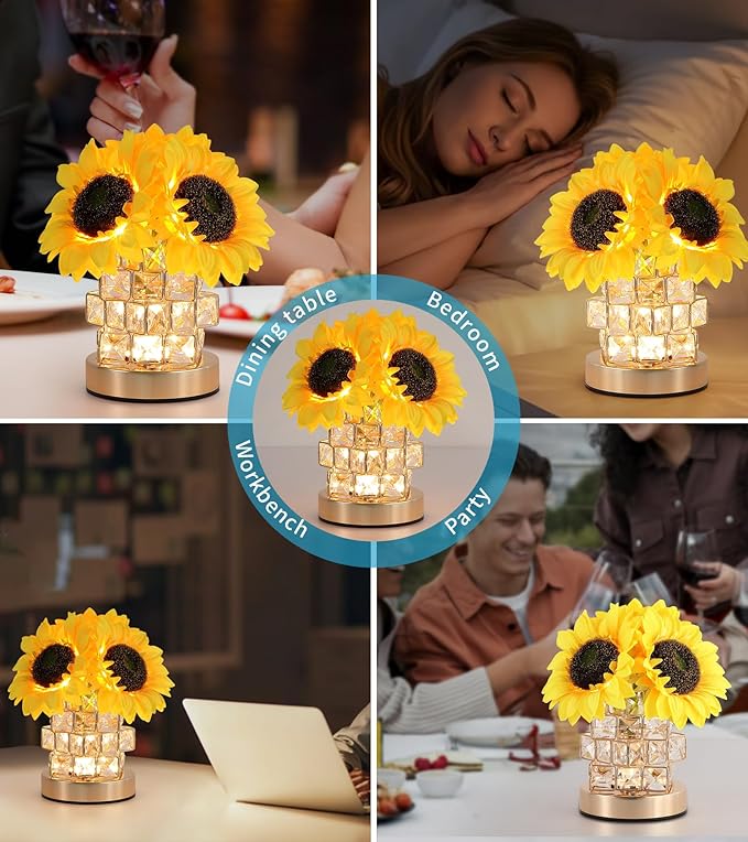 Sunflowers Flower Lamp,Rechargeable Cordless Touch Lamp,3-Colour Infinitely Dimming Small Night Light,Crystal Table Lamp,Christmas/Mother's Day/Birthday Gifts for Women,Home Decor.