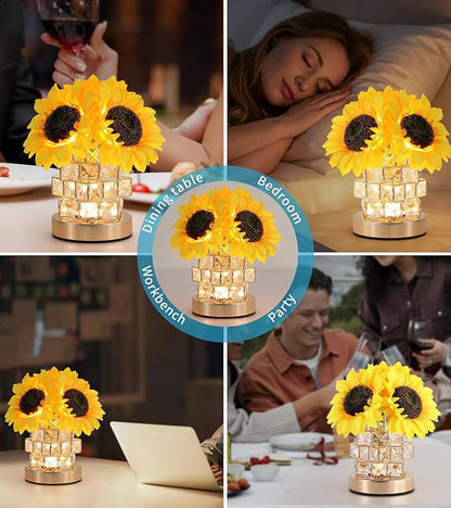 Sunflowers Flower Lamp,Rechargeable Cordless Touch Lamp,3-Colour Infinitely Dimming Small Night Light,Crystal Table Lamp,Christmas/Mother's Day/Birthday Gifts for Women,Home Decor.