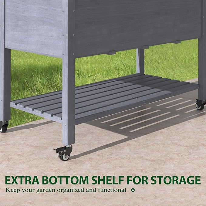 48x24x33in Raised Garden Bed Featuring Legs, Outdoor Elevated Wood Planted Box Equipped with Wheels & Shelf for Vegetable Flower, Backyard and Patio, Gray