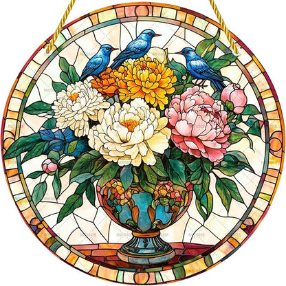 Acrylic Stained Window Hanging Flowers Art Acrylic Decoration for Indoor Outdoor Home Bar Office Garden Plastic Ornament Decor 8x8 Inch