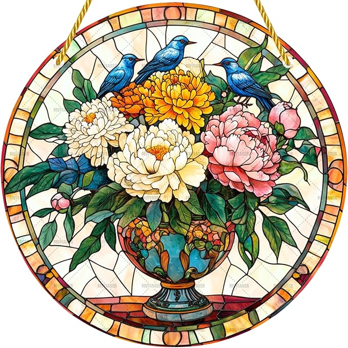Acrylic Stained Window Hanging Flowers Art Acrylic Decoration for Indoor Outdoor Home Bar Office Garden Plastic Ornament Decor 12x12 Inch