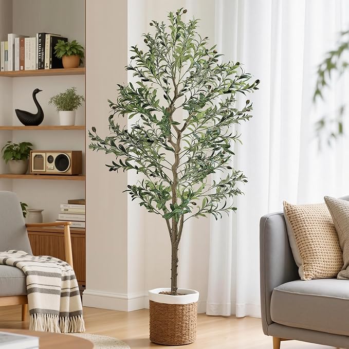 VECELO Artificial Olive Tree 6FT(72inch), Faux Olive Trees in Pot, Tall Fake Plant with Silk Leaves, Realistic Fruits and Dried Moss for Indoor Home Office Decor