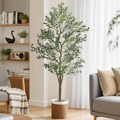 VECELO Artificial Olive Tree 6FT(72inch), Faux Olive Trees in Pot, Tall Fake Plant with Silk Leaves, Realistic Fruits and Dried Moss for Indoor Home Office Decor