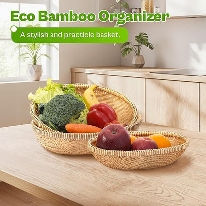 Set of 3 Handwoven Bamboo & Rattan Baskets – Woven Bread Basket & Fruit Bowl for Kitchen Counter, Decorative Wicker Tray for Serving Snacks, Pastries & Table Centerpiece