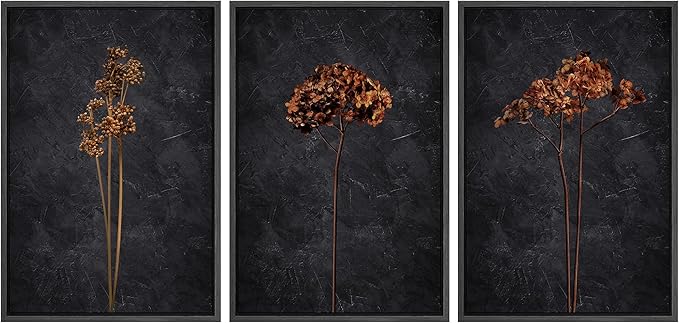 Ashbrook Framed Canvas Print Wall Art Set Grunge Moody Orange Flower Nature Wilderness Illustrations Modern Art Decorative Floral Botanical Minimal Calm/Relax/Cozy for Bedroom - 16"x24"x3 BLACK
