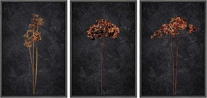 Ashbrook Framed Canvas Print Wall Art Set Grunge Moody Orange Flower Nature Wilderness Illustrations Modern Art Decorative Floral Botanical Minimal Calm/Relax/Cozy for Bedroom - 16"x24"x3 BLACK