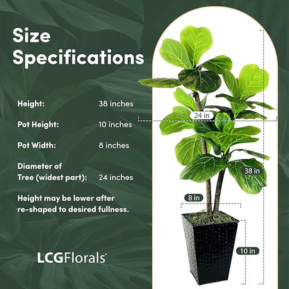3.2ft Artificial Fiddle Leaf Fig Tree - Real Wood Trunk, Preassembled, No Maintenance Indoor Faux Plant in Black Metal Pot - Living Room, Home & Office Decor