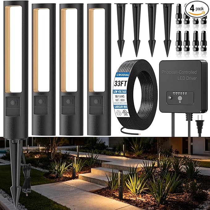 LED Low Voltage Landscape Lighting Kit, 4-Pack Pathway Lights with Transformer and UL Listed 33FT Wire Landscape Lights with Connectors for Walkway Garden Yard