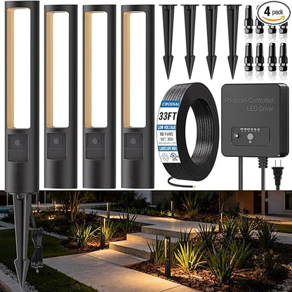 LED Low Voltage Landscape Lighting Kit, 4-Pack Pathway Lights with Transformer and UL Listed 33FT Wire Landscape Lights with Connectors for Walkway Garden Yard