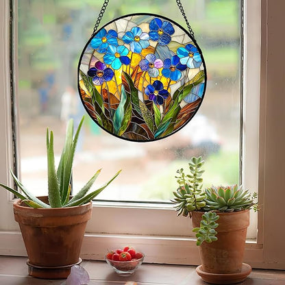 Stained Glass Window Hanging - Blue Wildflower Plant Flowers Sun Catcher for Door Garden Home Decor Suncatcher Christmas Mother's Day Birthday Gifts for Women Men Mom Nana 7.8 in