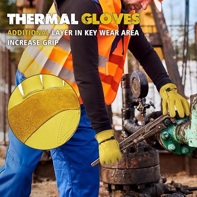 HLDD HANDLANDY Winter Work Gloves, Insulated Leather Work Glove with Abrasion Protection & Thinsulate Lining for Cold Weather
