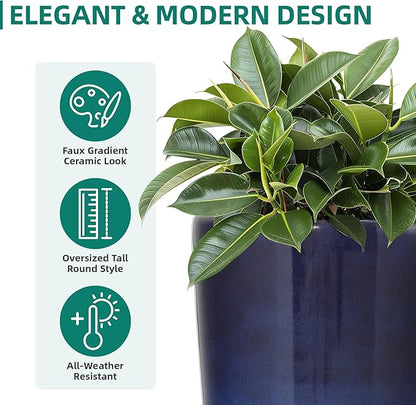 22.8" H Deep Water Blue Planters for Outdoor Plants, Set of 2 Large Flower Pot with Drainage Hole, Weather-Resistant for Porch,Garden,Patio or Indoor Use. Ideal for Christmas Decoration