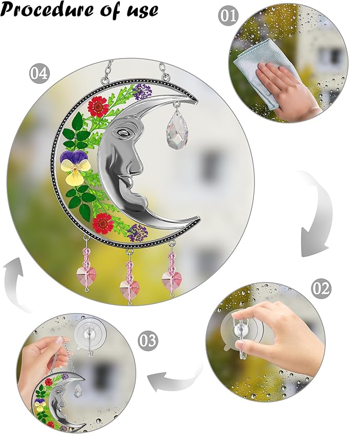 KY&BOSAM Moon Suncatchers Crystal Sun Face Gifts for Mom Family Friends Stained Glass for Windows Wind Chimes Real Flower Colorful Crystal Outdoor for Garden Indoor Home Trees Patio Yard Porch Decor