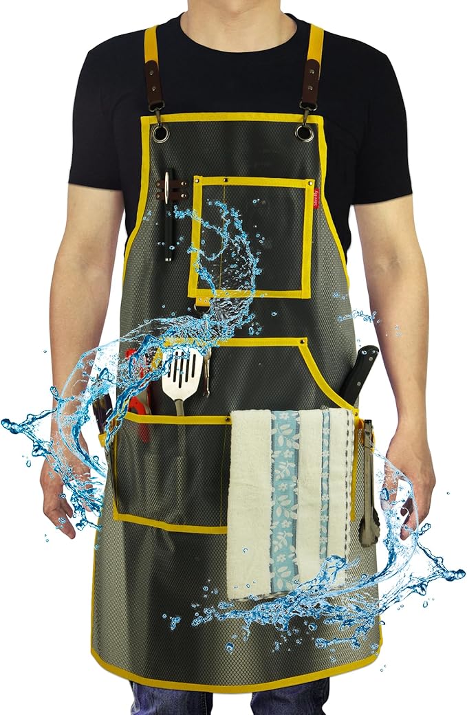 Waterproof Work Apron for Chefs, Hair Stylists, Artists, Gardeners, Adjustable, Multi-Pockets, TPU Mesh Fabric, Plus Size
