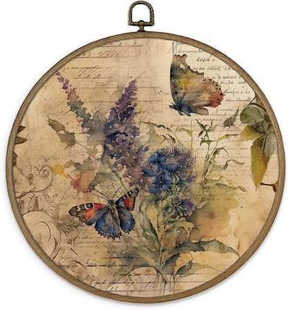 MAQIKA Vintage Butterfly Botanical Framed Wall Art Decor, Butterfly Wall Decor, Wildflower Round Wall Hanging Decor, Farmhouse Butterflies Canvas Prints Wall Art for Office Bedroom, 10x10 Inch