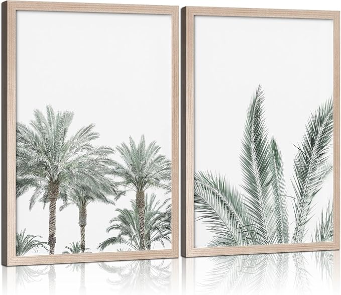 Framed Vintage Canvas Wall Art Palm Tree Leaves Poster Picture Modern Countryside Painting Nature Scenery Contemporary Home Print Living Room Gallery Office Ready to Hang 12x16 Inch x2