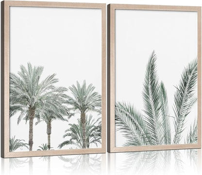 Framed Vintage Canvas Wall Art Palm Tree Leaves Poster Picture Modern Countryside Painting Nature Scenery Contemporary Home Print Living Room Gallery Office Ready to Hang 12x16 Inch x2