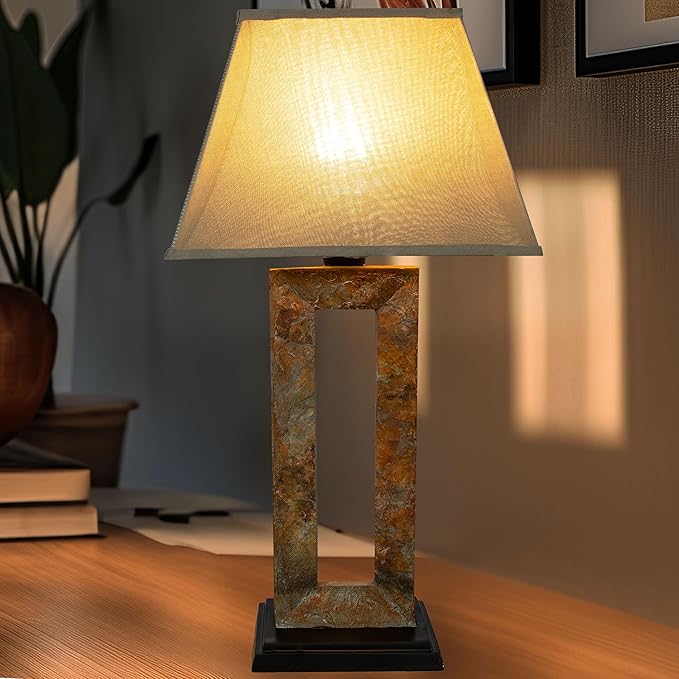 Sunnydaze Open Rectangle Side Table Lamp for Living Room - Slate Indoor or Outdoor Table Lamp - 31" H - Plug-in Electric