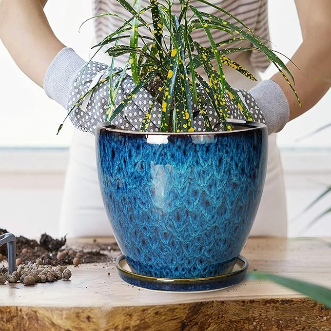 10 Inch Ceramic Planter Pot Round Plant Pot for Indoor Plants Outdoor Large Flower Pot with Drainage Hole and Saucer Blue