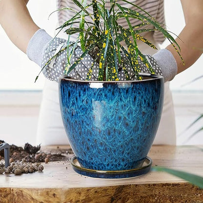 8 Inch Ceramic Planter Pot with Drainage Hole and Saucer, Ceraimc Plant Pot Round Flower Pot for Indoor Plants Outdoor Garden Planter, Blue