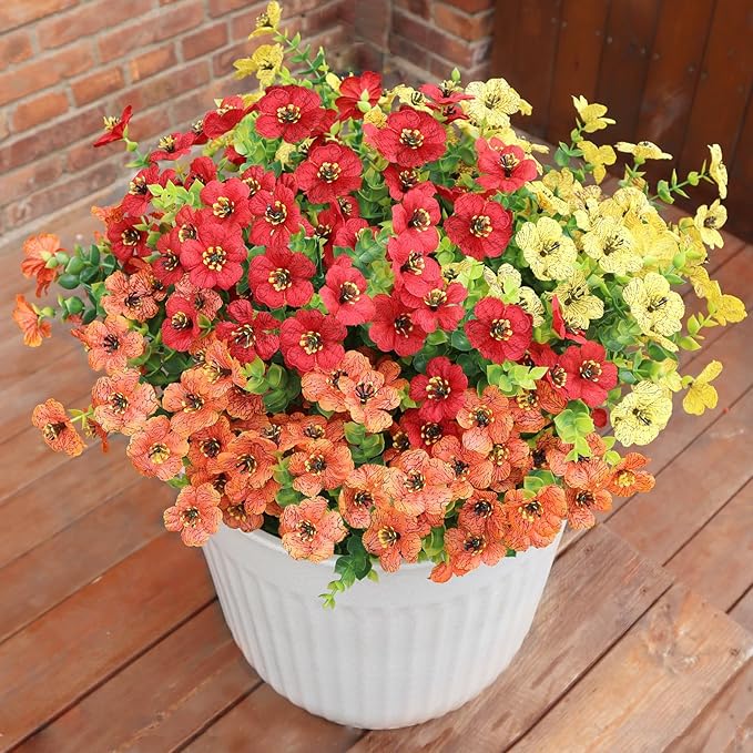 Artificial Flowers for Outdoors, Faux Flowers for Outdoor Planters, 12 Bundles Realistic Silk Flower Faux Fake Plants for Porch Patio Yard Planters, Home Decor, Yellow + Orange + Red