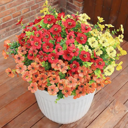 Artificial Flowers for Outdoors, Faux Flowers for Outdoor Planters, 12 Bundles Realistic Silk Flower Faux Fake Plants for Porch Patio Yard Planters, Home Decor, Yellow + Orange + Red