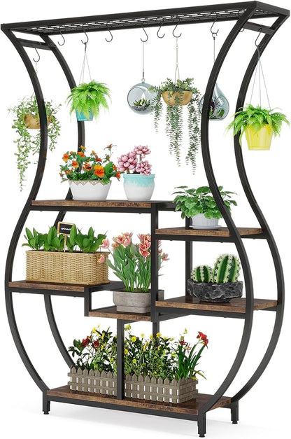Tribesigns 6-Tier Plant Stand, 70.9 Inch Tall Plant Shelf with 10 Hanging Hooks, Vase Shape Ladder Plant Stand, Multi-Purpose Plant Display Rack for Indoor, Balcony, Living Room, Brown and Black