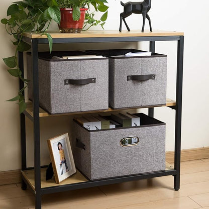 PRANDOM Larger Collapsible Storage Bins for Closet [3-pack] Decorative Linen Fabric Storage Baskets Cubes with Leather/Metal Handles for Living Room Cloth Grey and Black Trim (17.3x12.2x10.4 Inch)