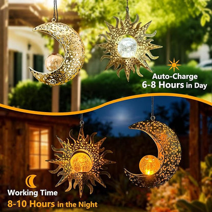 Solar Hanging Sun and Moon Lights Garden Outside Decor,2 Pack Metal Lanterns Outdoor Sunflower Art Decorations for Porch Backyard Patio Wall Tree,Unique Gardening Gifts for Women Mom Grandma