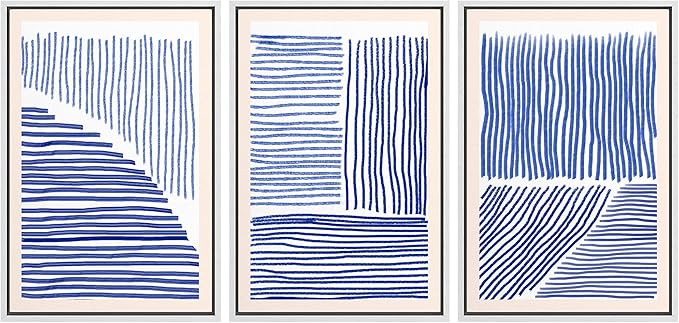 Ashbrook Framed Wall Art Print Set Navy Blue Geometric Color Block Lines Abstract Shapes Illustrations Modern Art Boho Scenic Colorful Chic for Living Room, Bedroom, Office - 16"x24"x3 White