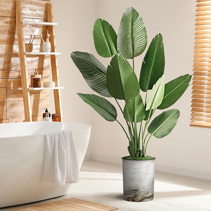 Artificial Tree in Granite Effect Planter, Fake Bird of Paradise Silk Tree for Indoor and Outdoor Home Decoration - 58" Overall Tall (Plant Pot Plus Tree)