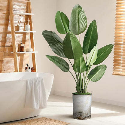 Artificial Tree in Granite Effect Planter, Fake Bird of Paradise Silk Tree for Indoor and Outdoor Home Decoration - 58" Overall Tall (Plant Pot Plus Tree)